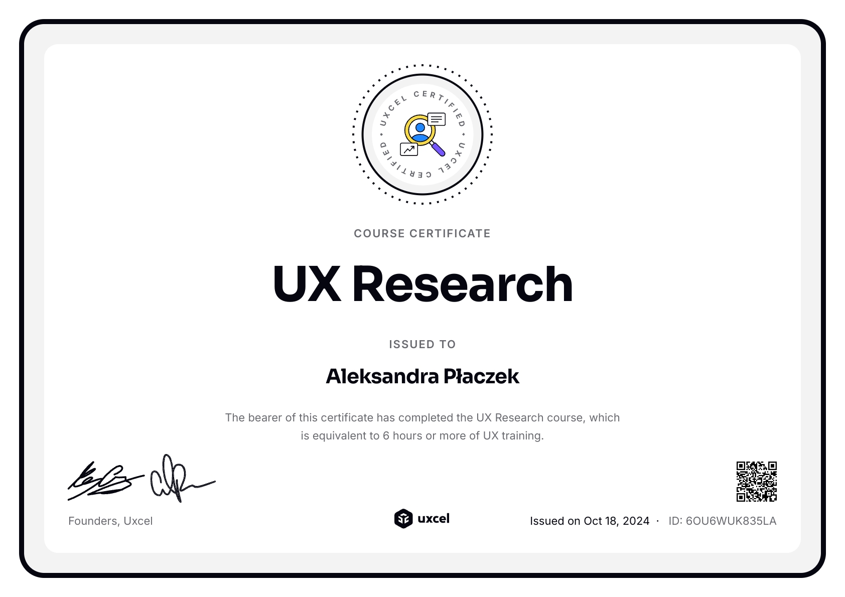 Aleksandra Płaczek's certificate